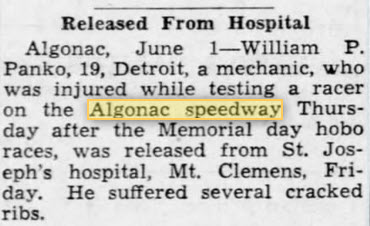 Algonac Speedway - June 1940 Article On Injury At The Track (newer photo)